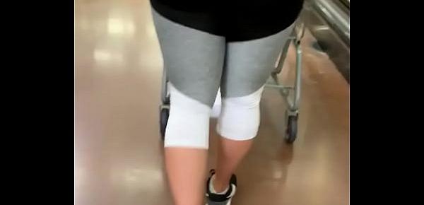  Big booty slut in see through leggings at store showing thong